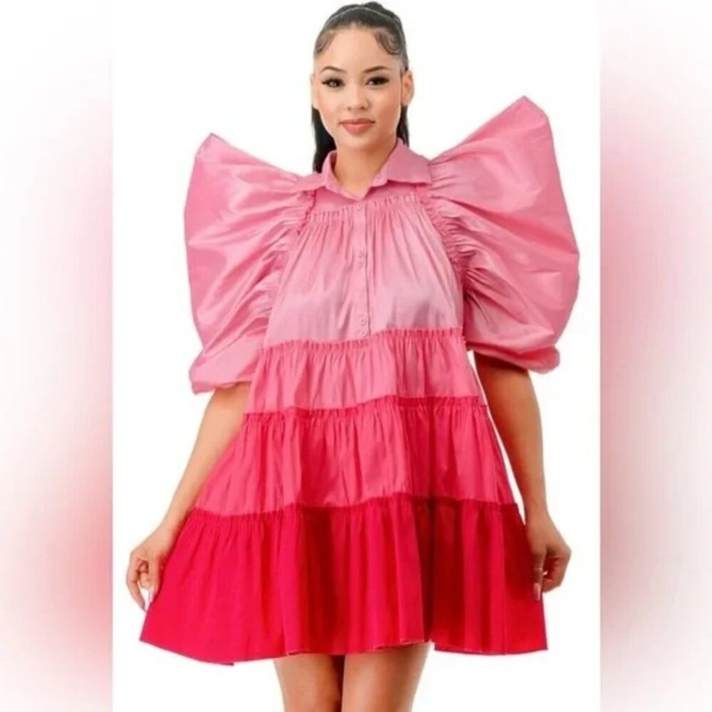 NEW Love Highlight Dress Wild Pinks DRAMATIC Balloon Sleeve baby doll dress L